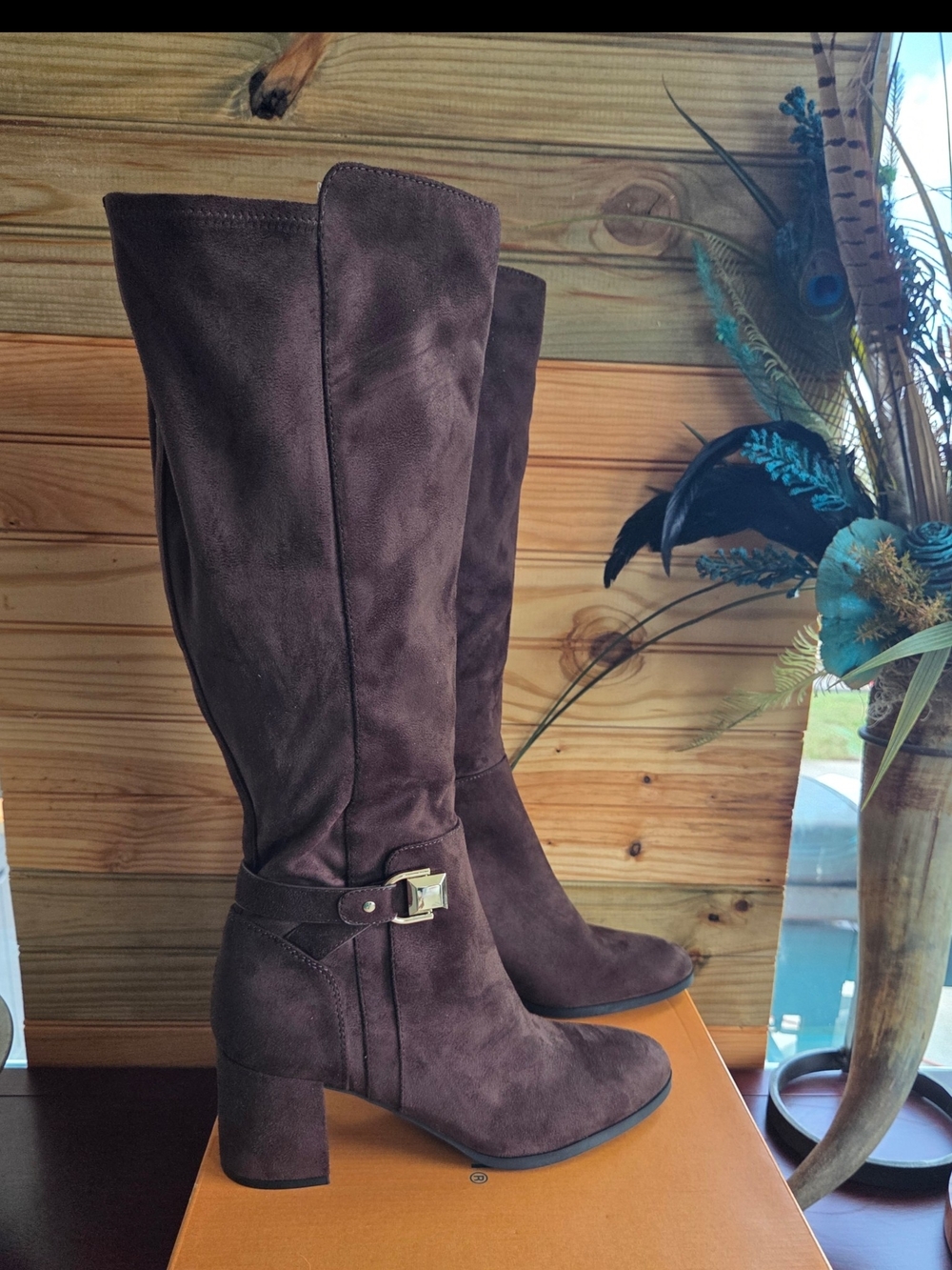 Unisa Dark Brown Suede Knee-High Block Heel Boots